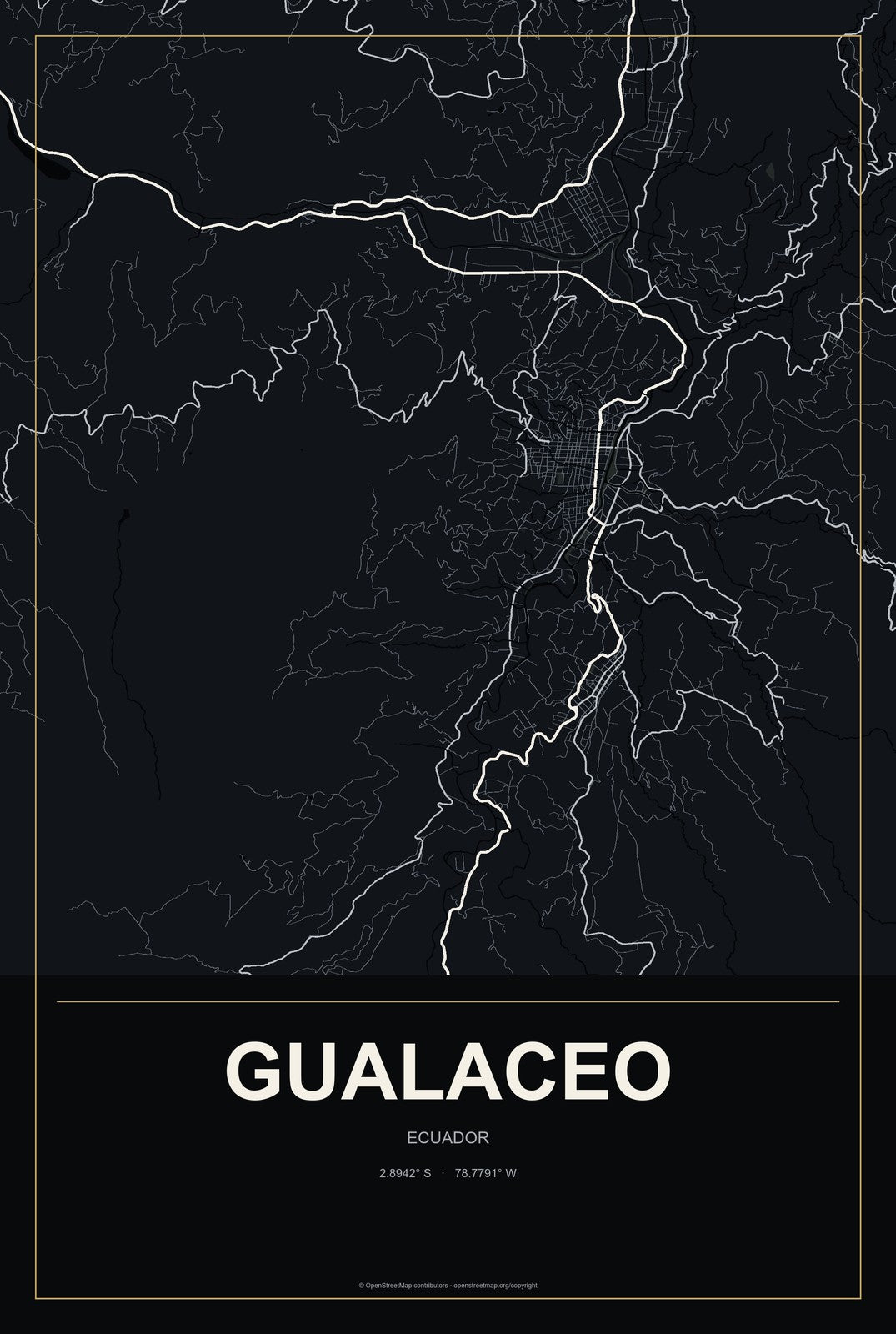 Gualaceo, Ecuador City Map Aluminum Sign in Metropolitan Noir style
