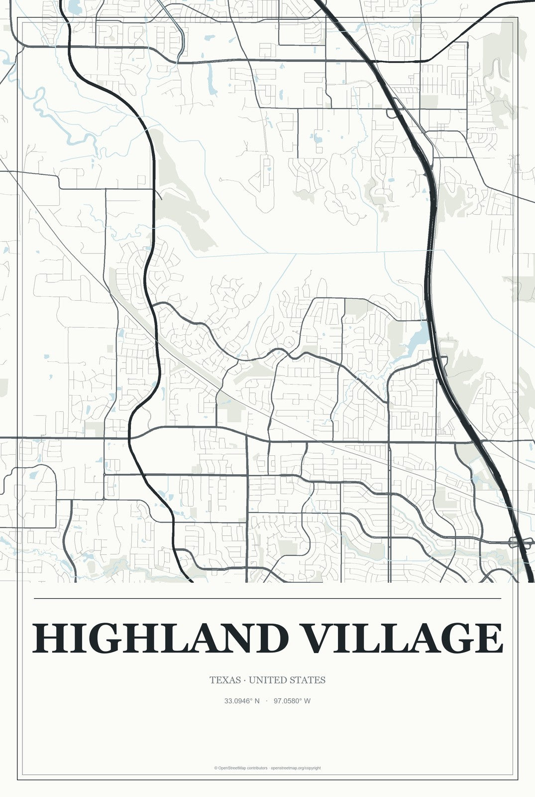 Highland Village, Texas City Map Aluminum Sign in Gallery Air style