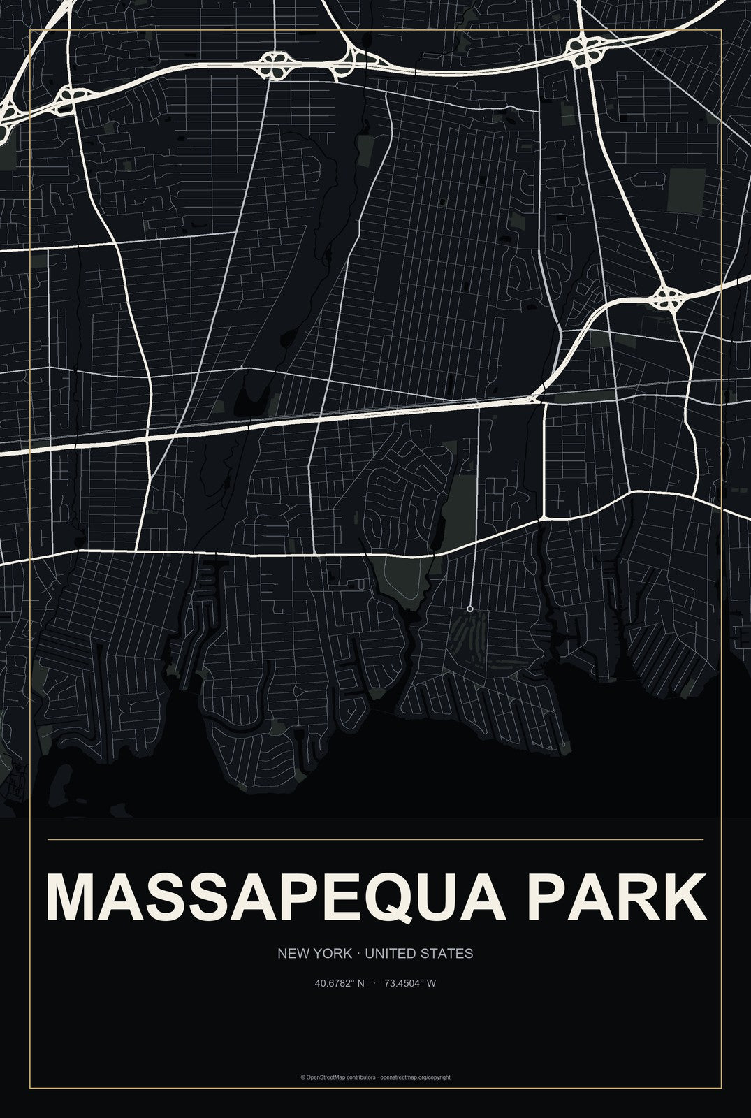 Massapequa Park, New York City Map Aluminum Sign in Metropolitan Noir style