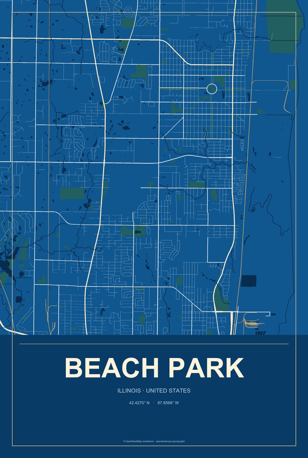 Beach Park, Illinois City Map Aluminum Sign in Harbor Cobalt style