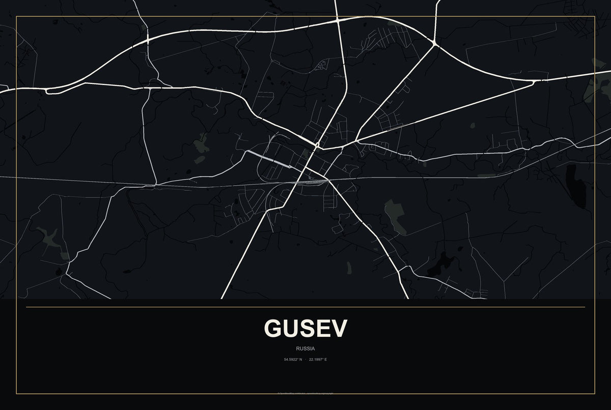 Gusev, Russia City Map Aluminum Sign in Metropolitan Noir style