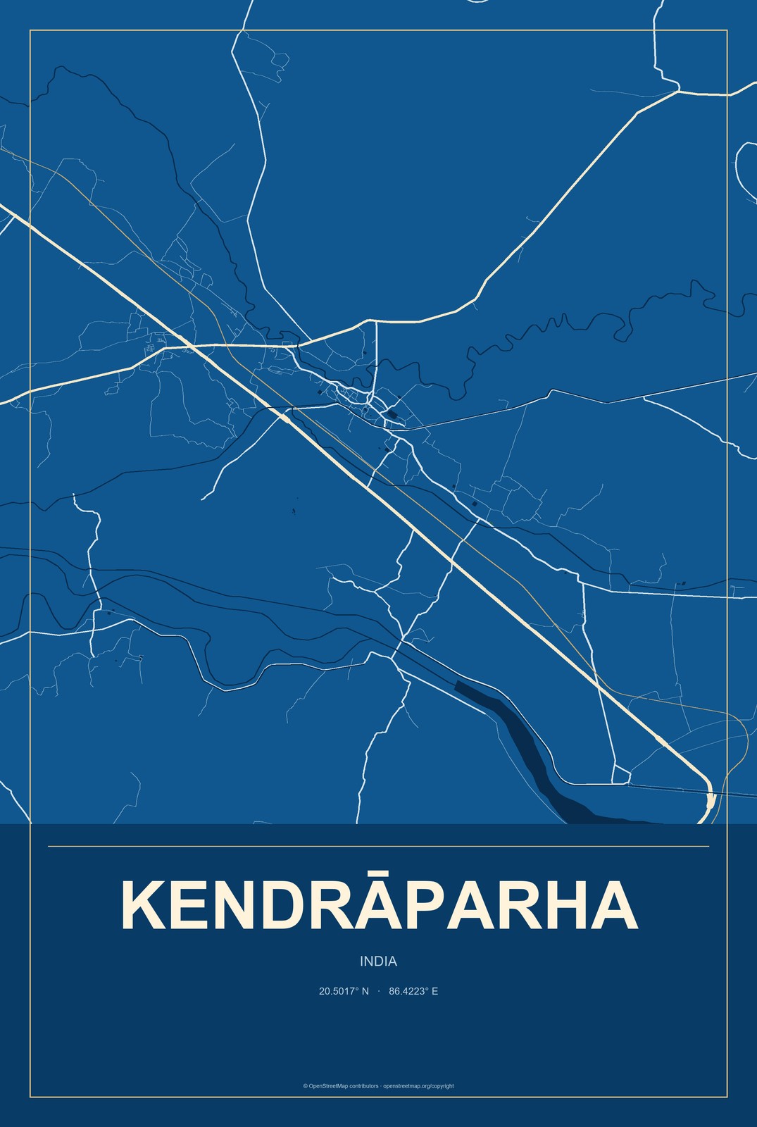 Kendrāparha, India City Map Aluminum Sign in Harbor Cobalt style
