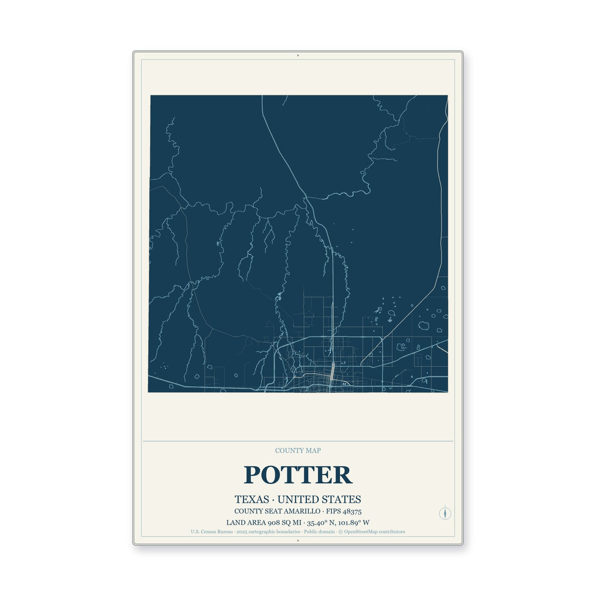 Potter County, Texas Map Aluminum Sign in Coastal Cutout style