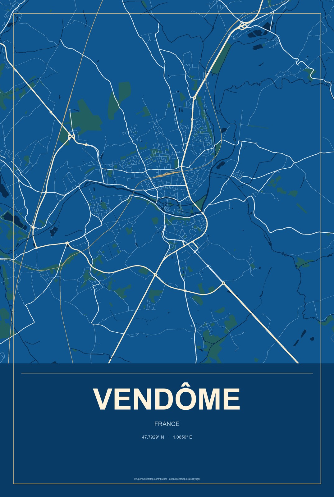 Vendôme, France City Map Aluminum Sign in Harbor Cobalt style