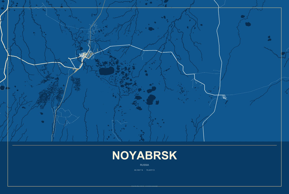 Noyabrsk, Russia City Map Aluminum Sign in Harbor Cobalt style