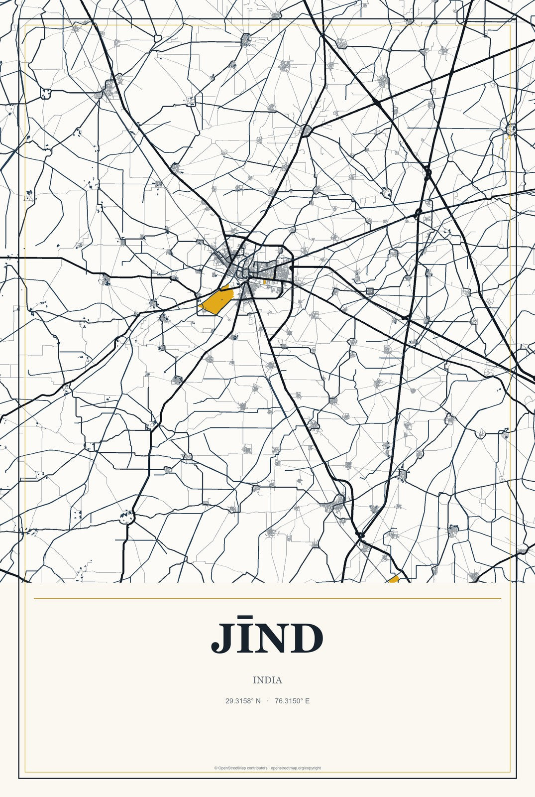 Jīnd, India City Map Aluminum Sign in Citrine Modern style