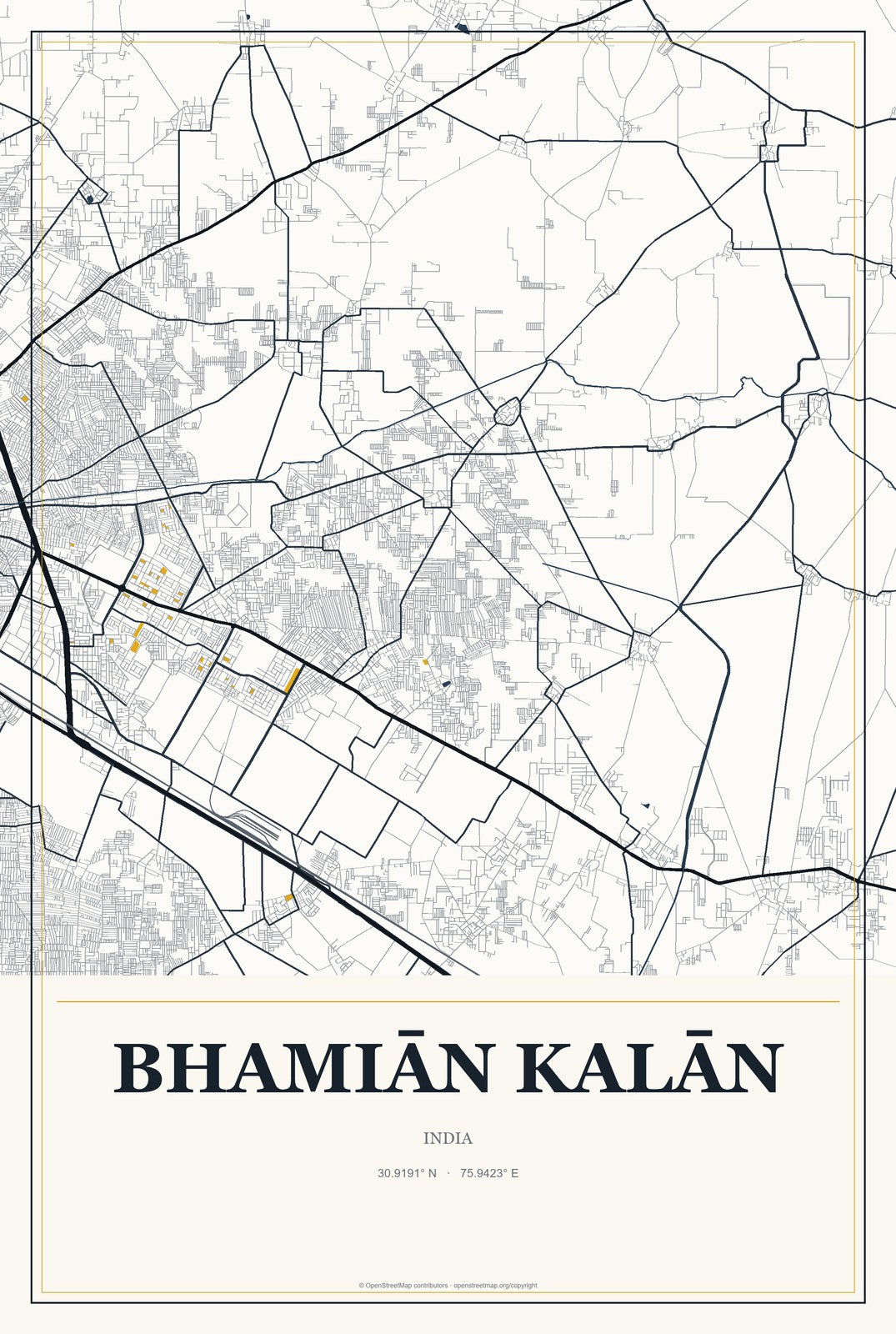 Bhamiān Kalān, India City Map Aluminum Sign in Citrine Modern style