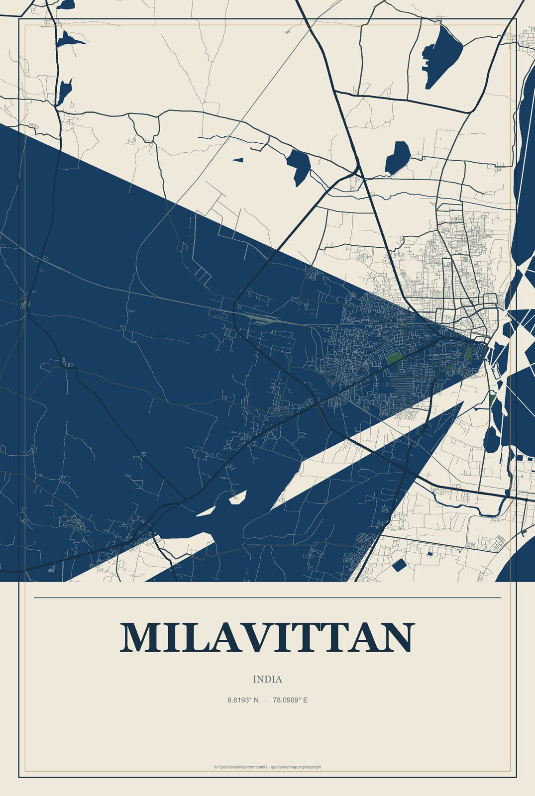 Milavittan, India City Map Aluminum Sign in Coastal Cutout style