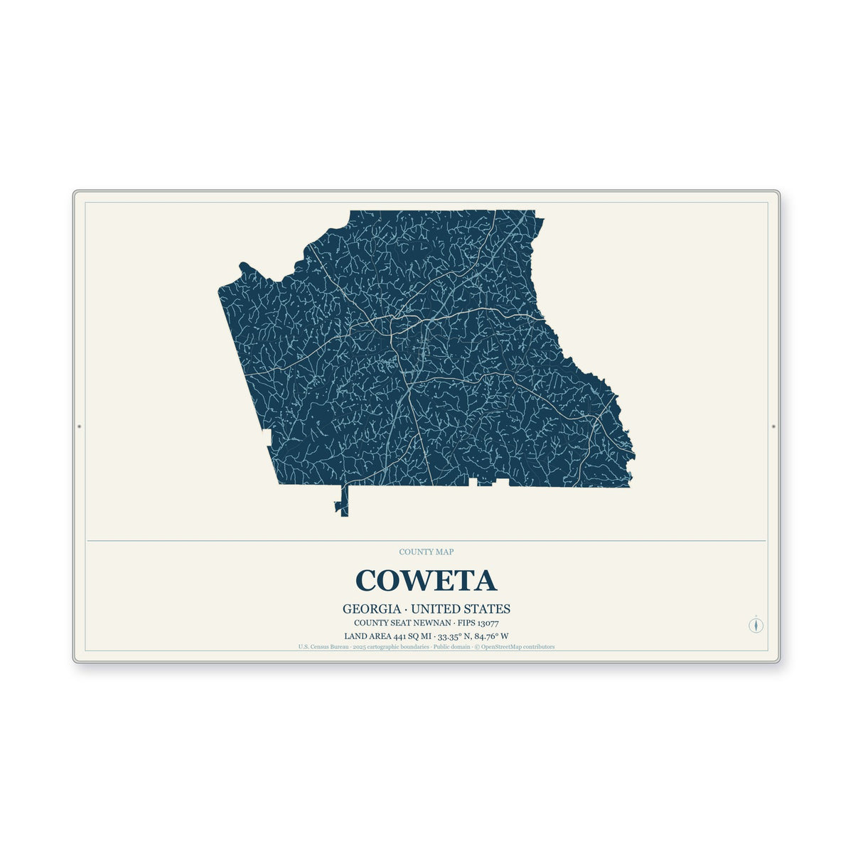 Coweta County, Georgia Map Aluminum Sign in Coastal Cutout style