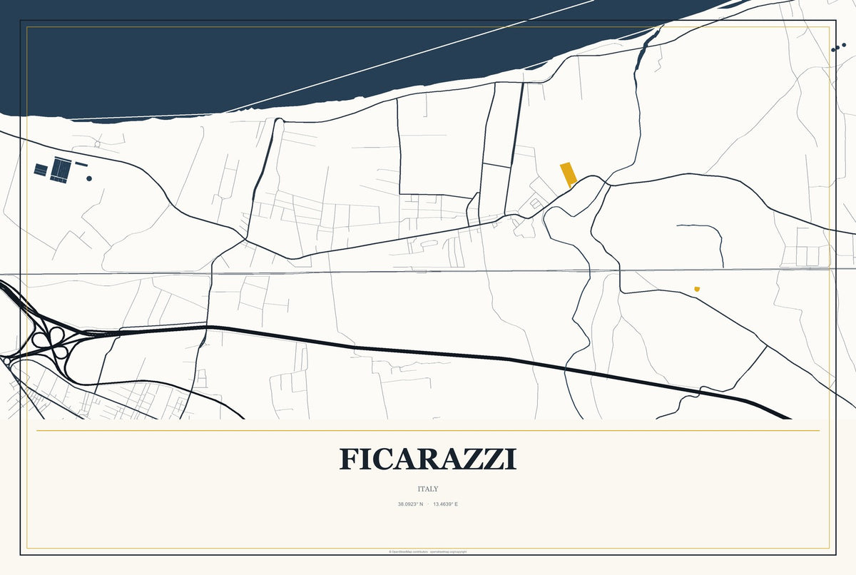 Ficarazzi, Italy City Map Aluminum Sign in Citrine Modern style