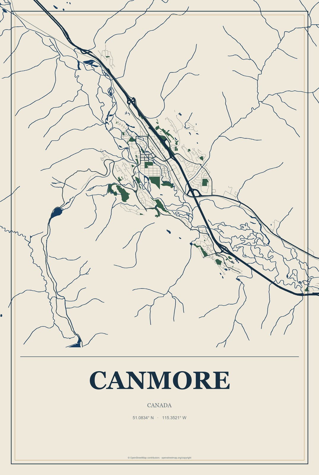 Canmore, Canada City Map Aluminum Sign in Coastal Cutout style