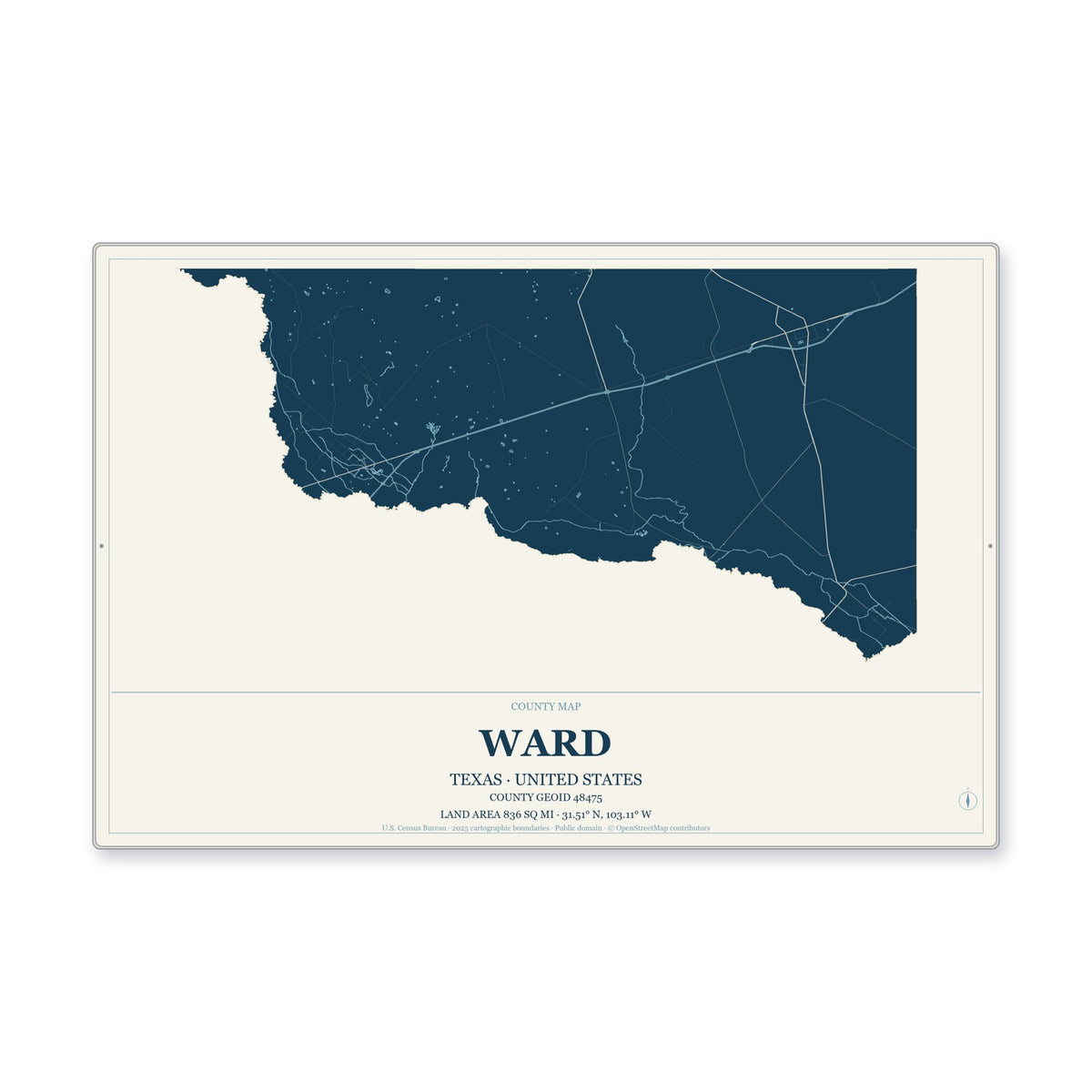 Ward County, Texas Map Aluminum Sign in Coastal Cutout style