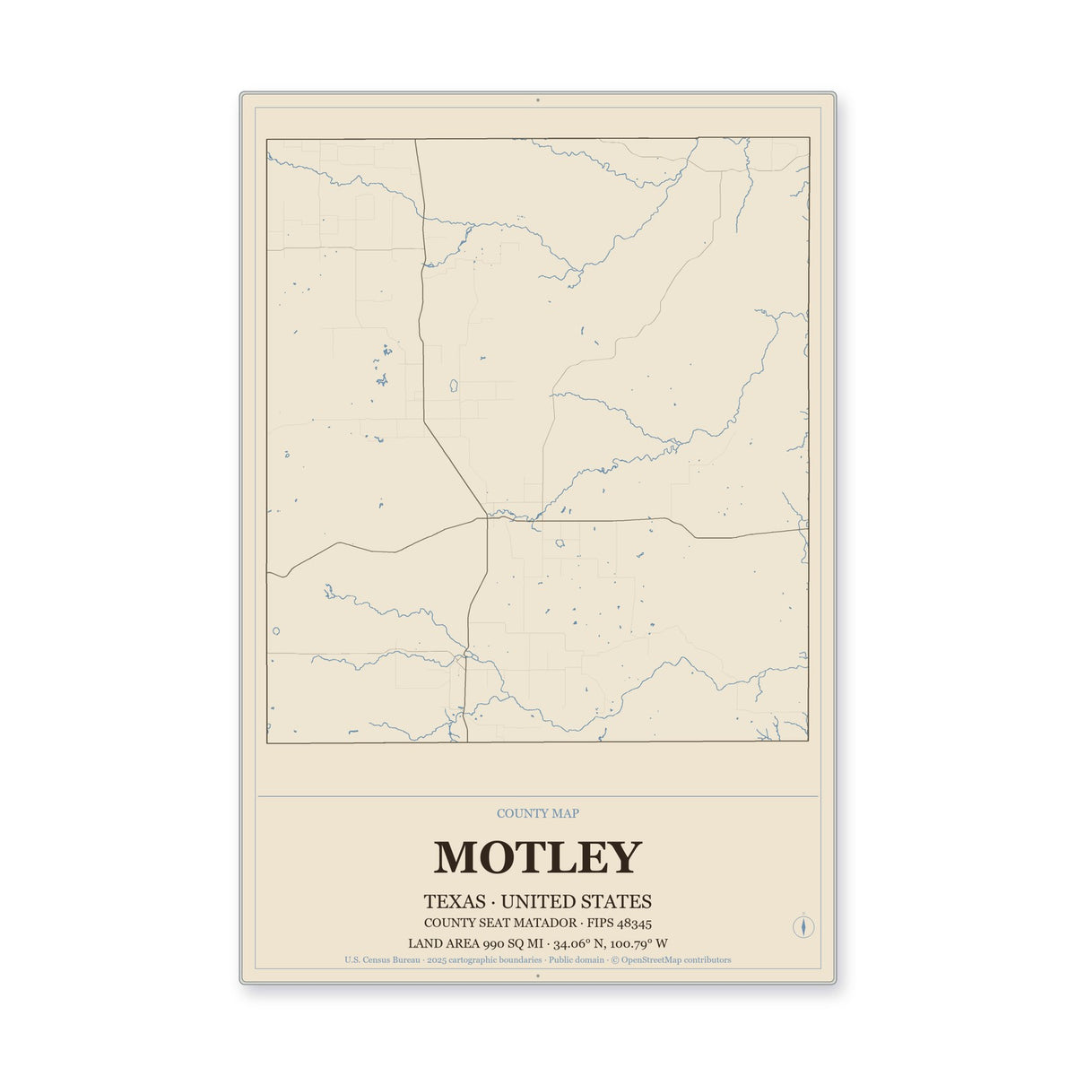 Motley County, Texas Map Aluminum Sign in Heritage Nautical style