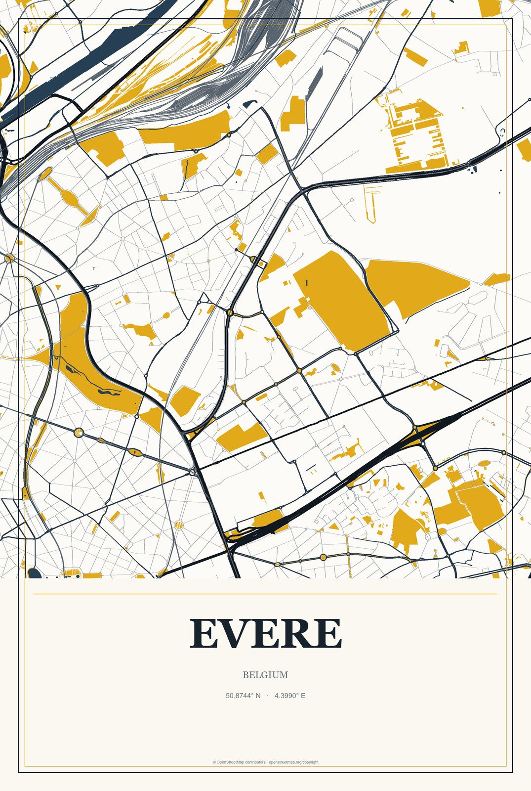 Evere, Belgium City Map Aluminum Sign in Citrine Modern style