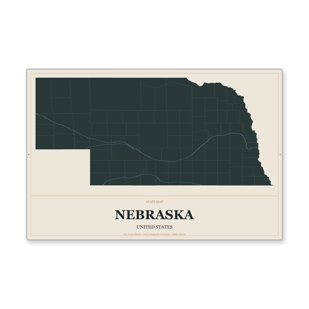 Nebraska state map aluminum sign in Headline Atlas style
