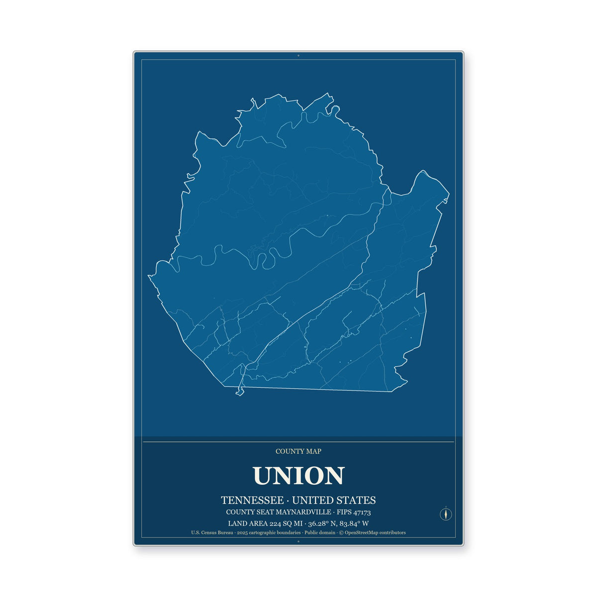 Union County, Tennessee Map Aluminum Sign in Harbor Cobalt style