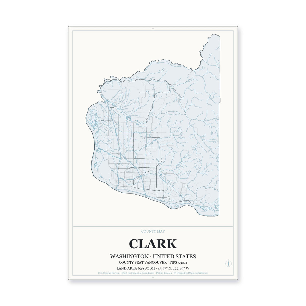 Clark County, Washington Map Aluminum Sign in Gallery Air style