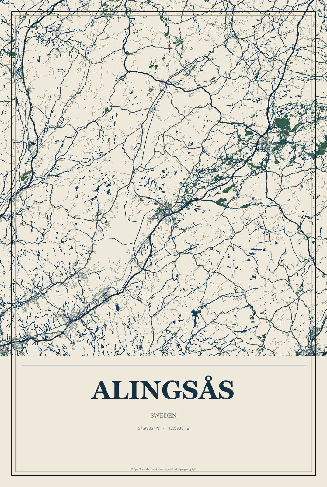 Alingsås, Sweden City Map Aluminum Sign in Coastal Cutout style