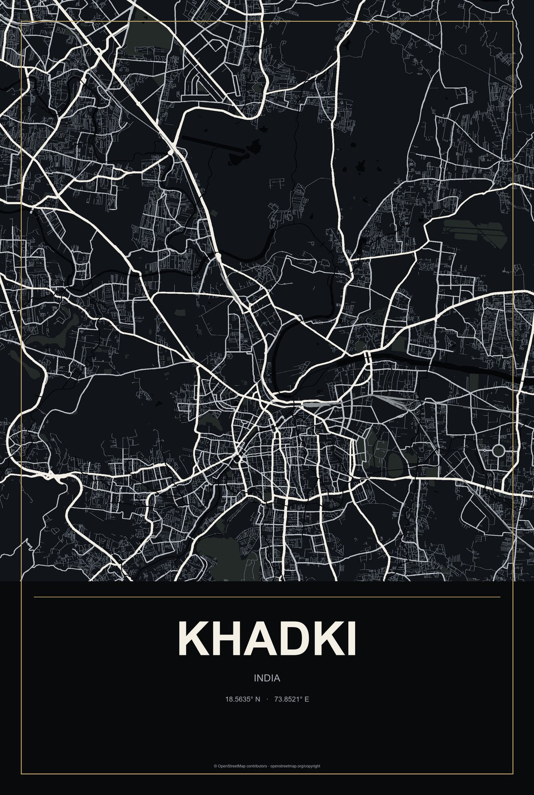 Khadki, India City Map Aluminum Sign in Metropolitan Noir style
