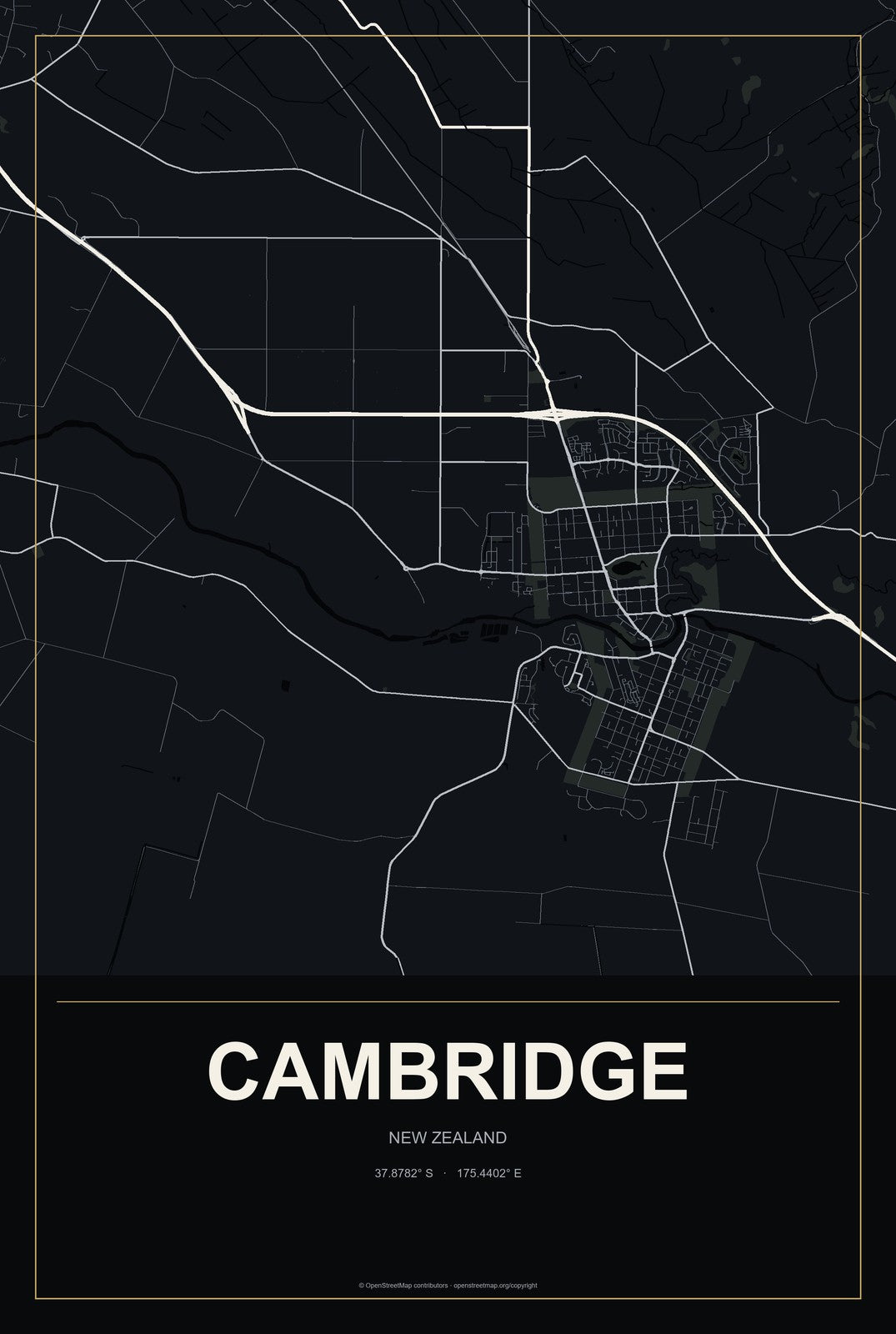 Cambridge, New Zealand City Map Aluminum Sign in Metropolitan Noir style