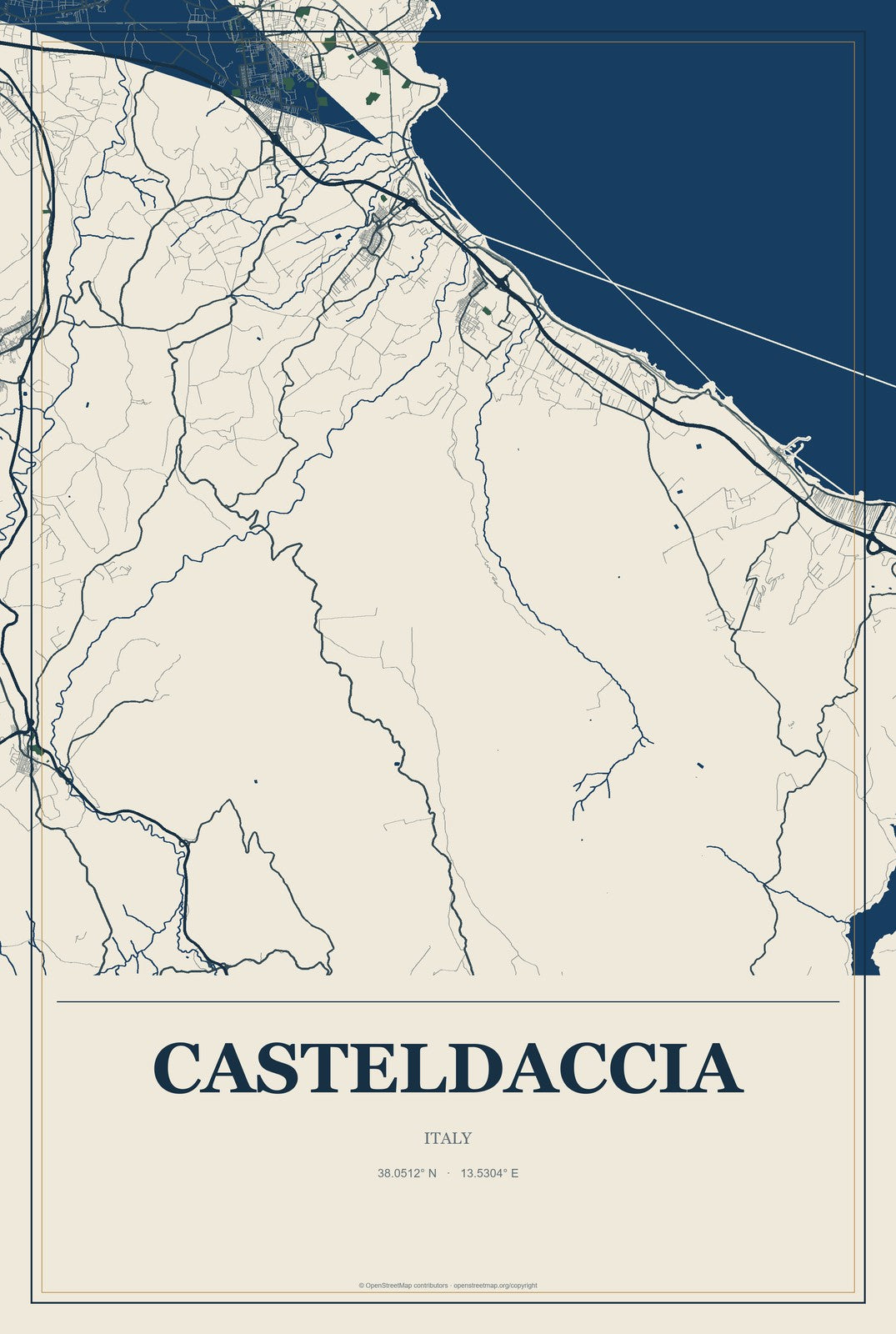 Casteldaccia, Italy City Map Aluminum Sign in Coastal Cutout style
