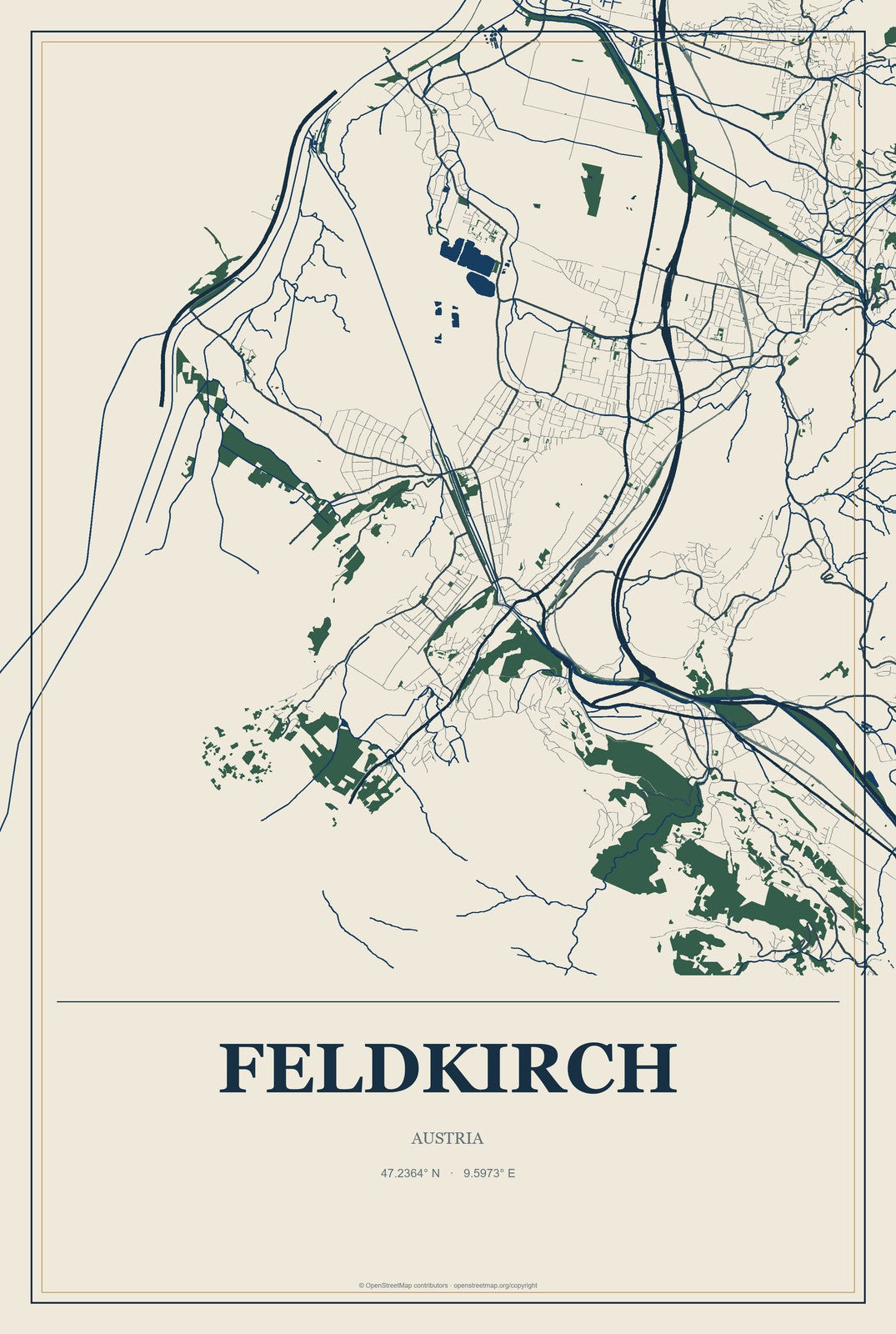 Feldkirch, Austria City Map Aluminum Sign in Coastal Cutout style