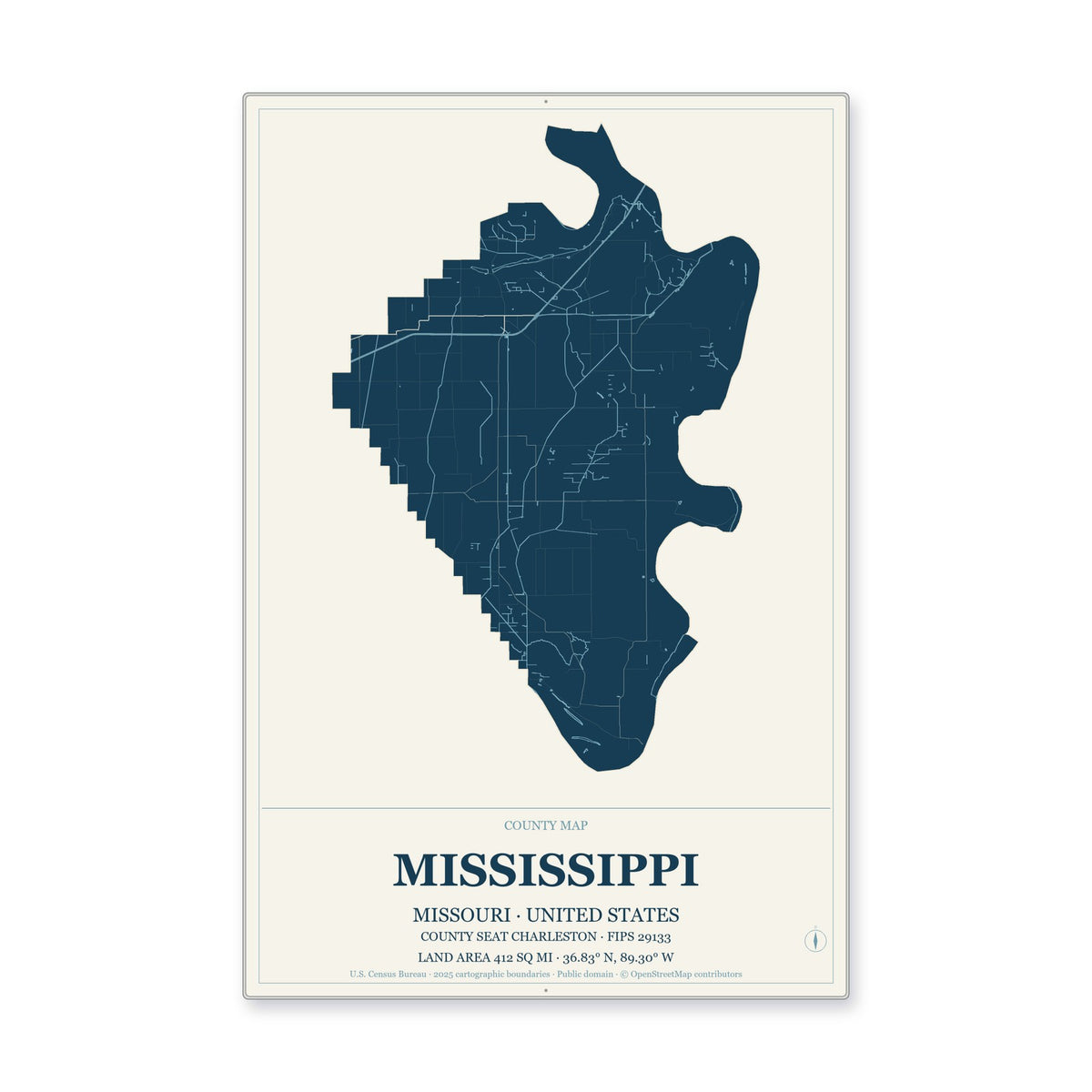 Mississippi County, Missouri Map Aluminum Sign in Coastal Cutout style