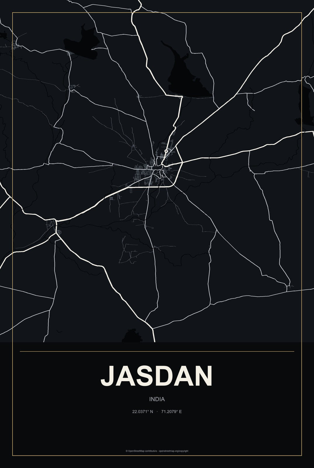 Jasdan, India City Map Aluminum Sign in Metropolitan Noir style