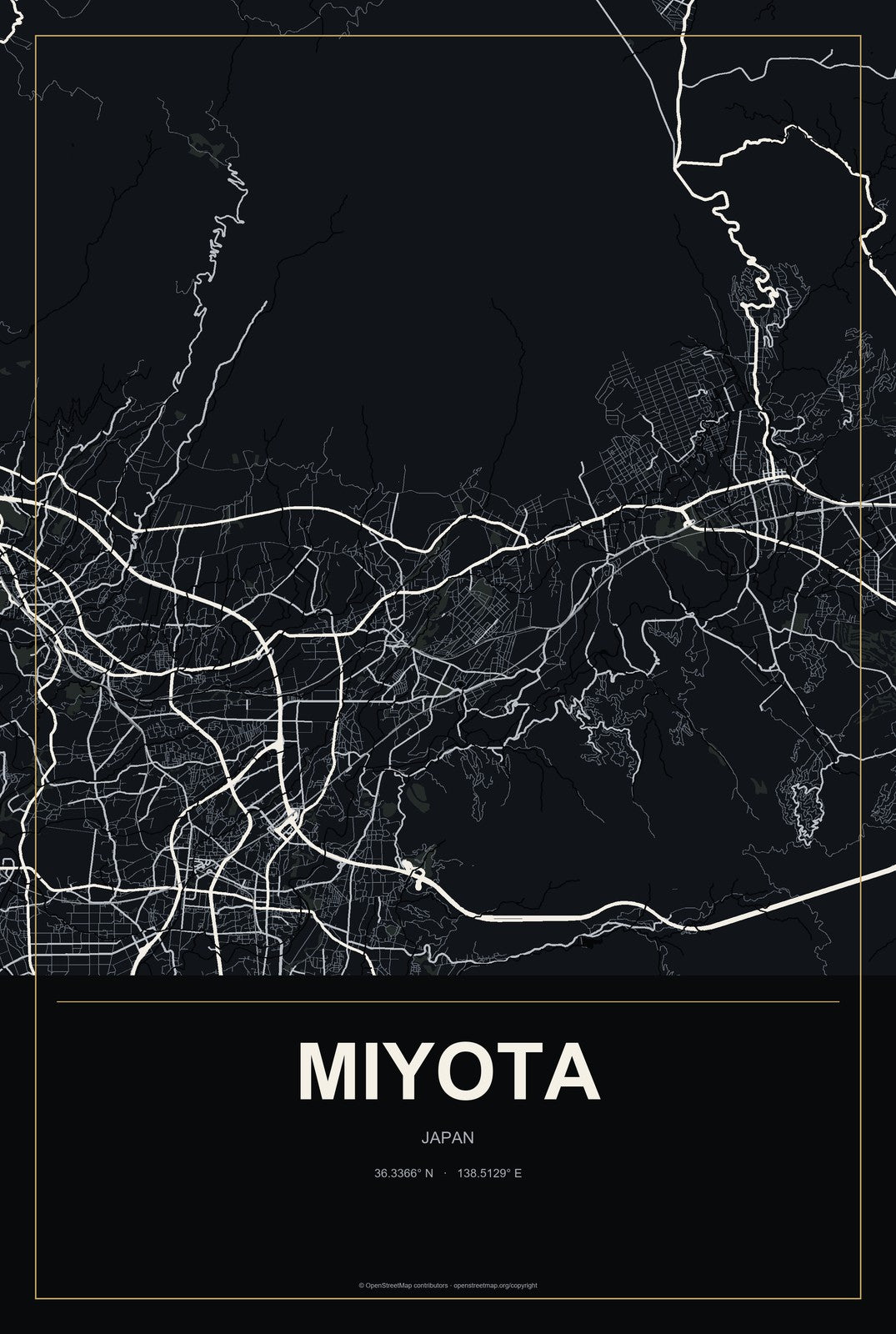 Miyota, Japan City Map Aluminum Sign in Metropolitan Noir style
