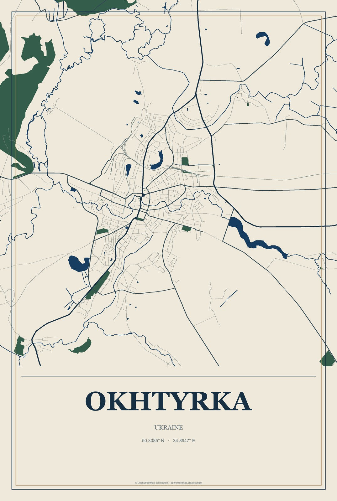 Okhtyrka, Ukraine City Map Aluminum Sign in Coastal Cutout style