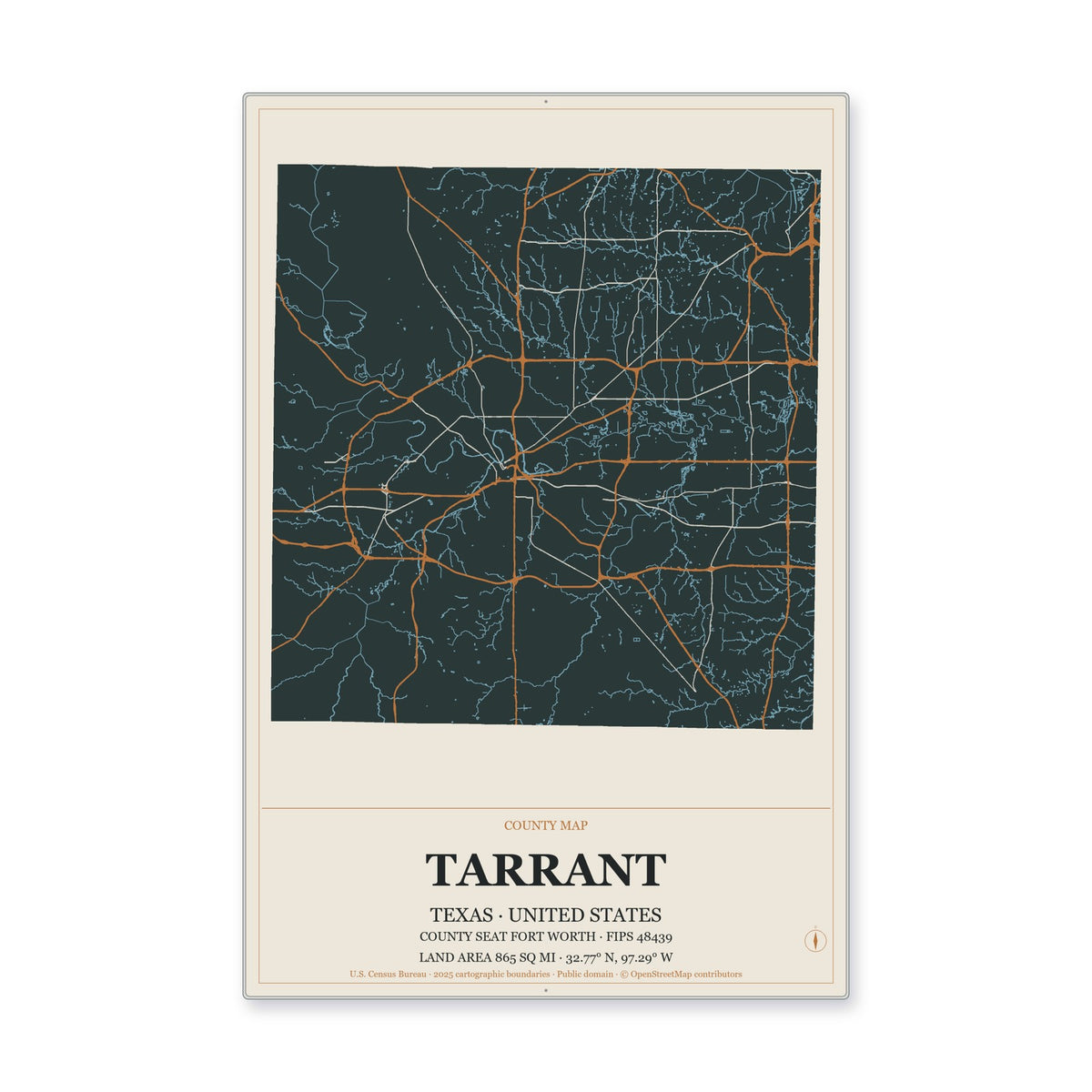 Tarrant County, Texas Map Aluminum Sign in Headline Atlas style