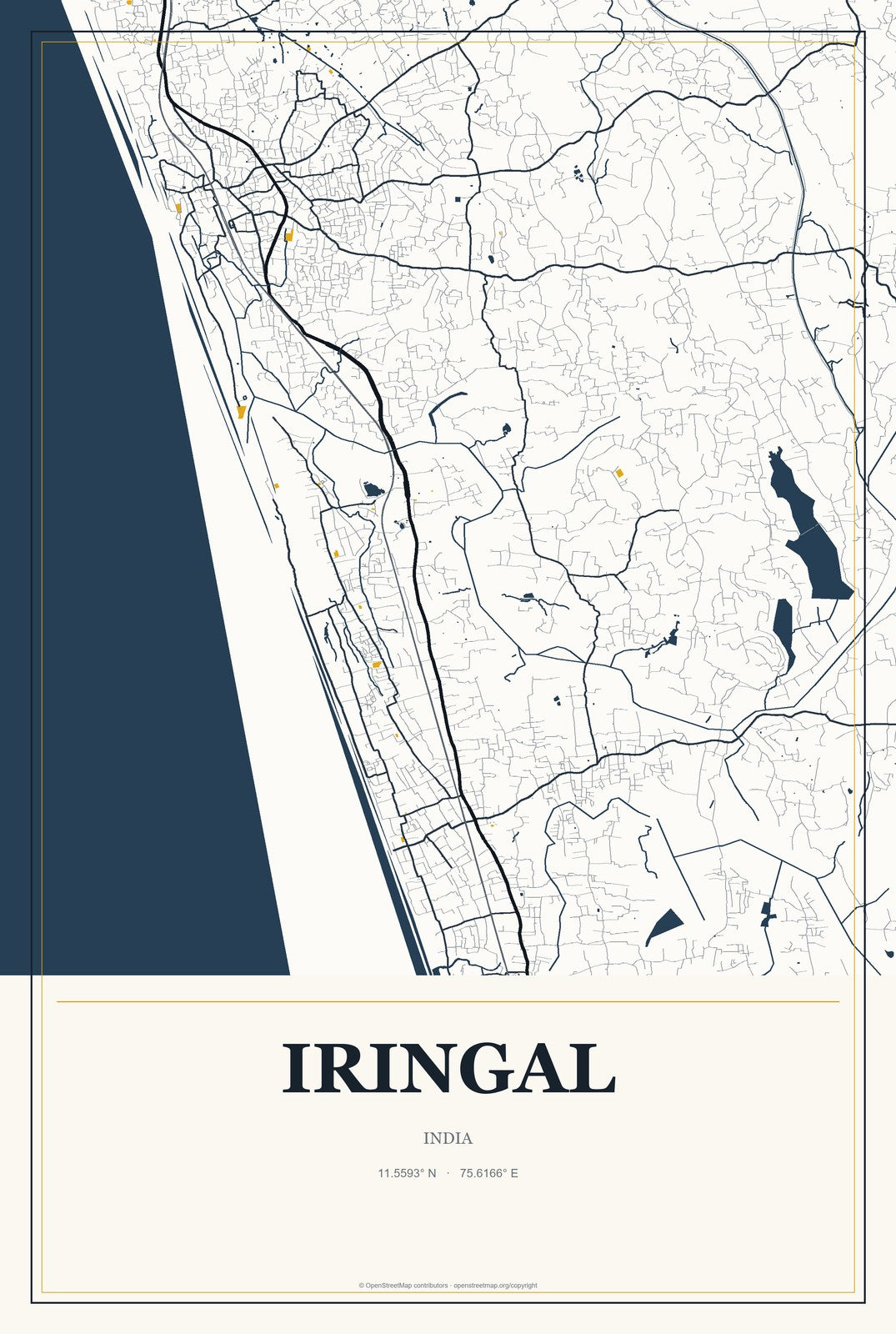 Iringal, India City Map Aluminum Sign in Citrine Modern style