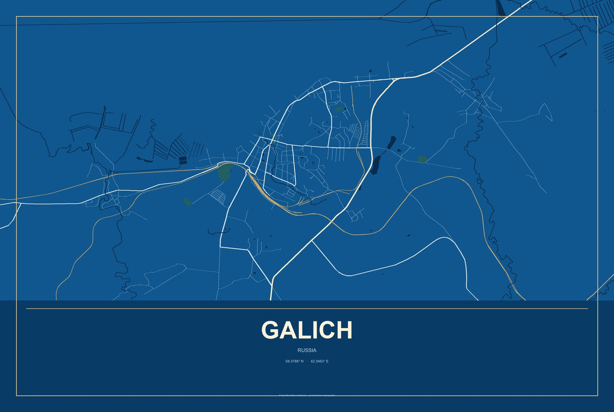Galich, Russia City Map Aluminum Sign in Harbor Cobalt style