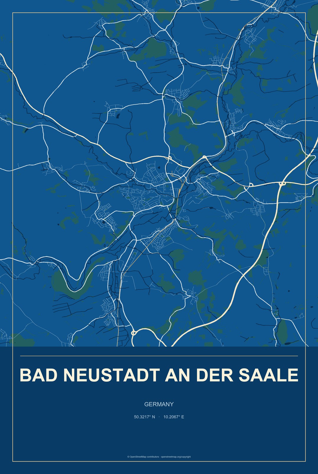 Bad Neustadt an der Saale, Germany City Map Aluminum Sign in Harbor Cobalt style