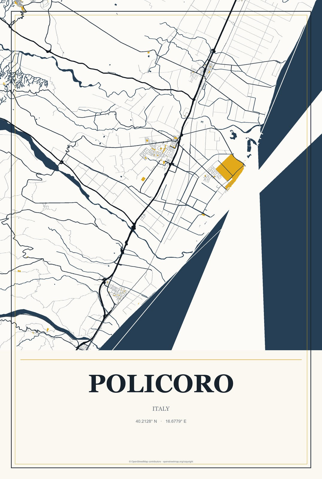 Policoro, Italy City Map Aluminum Sign in Citrine Modern style