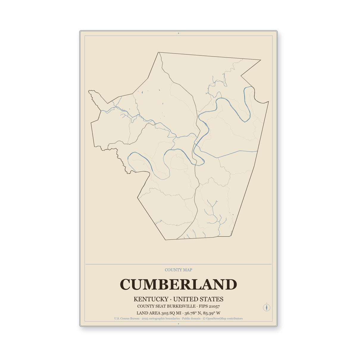 Cumberland County, Kentucky Map Aluminum Sign in Heritage Nautical style