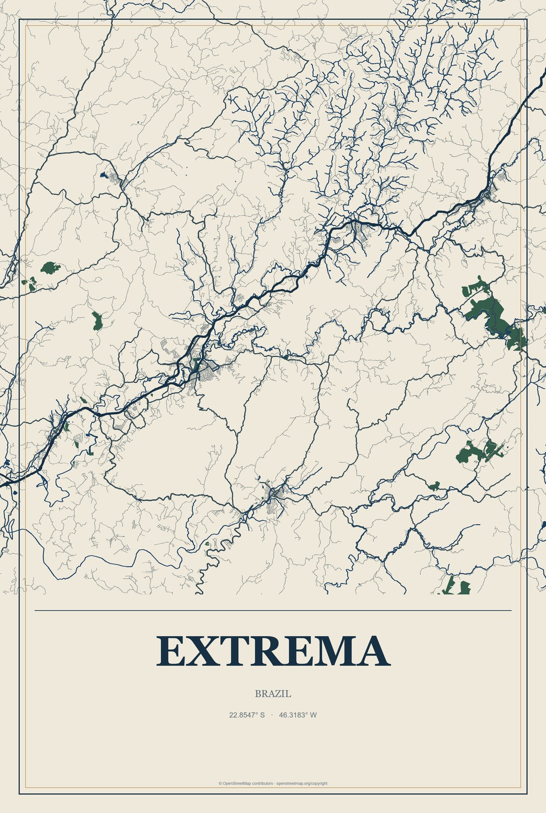 Extrema, Brazil City Map Aluminum Sign in Coastal Cutout style