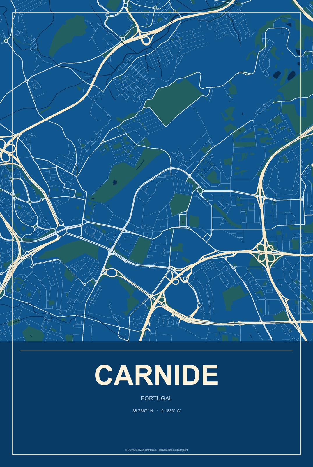 Carnide, Portugal City Map Aluminum Sign in Harbor Cobalt style