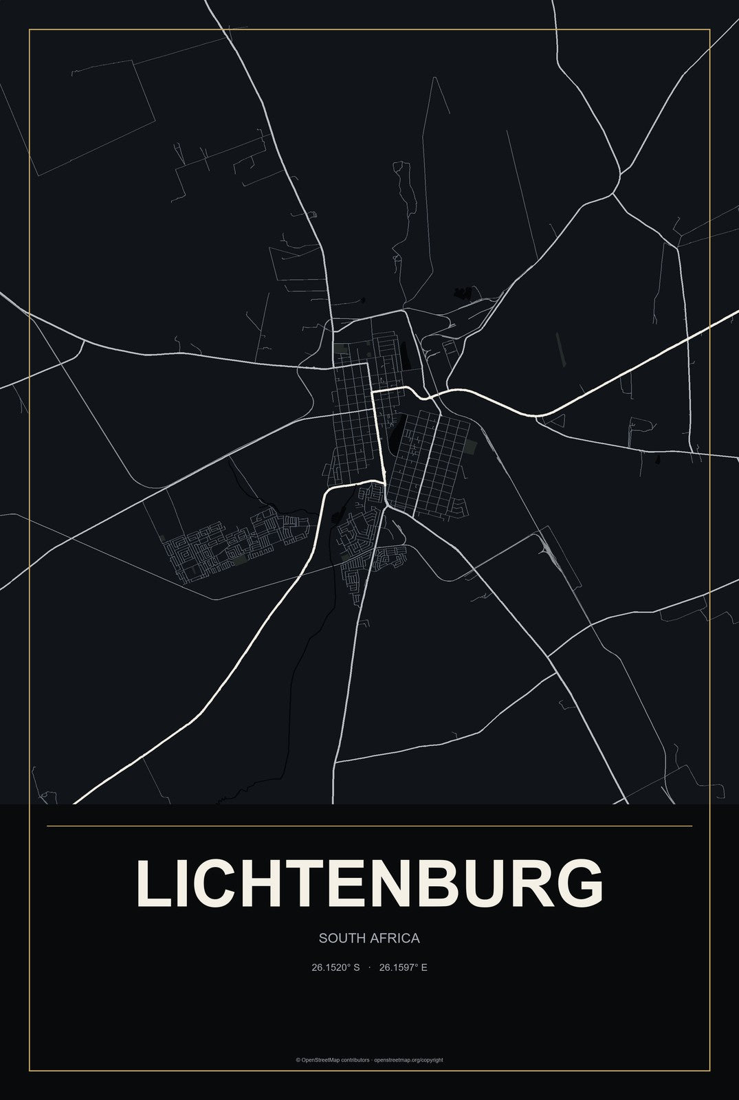 Lichtenburg, South Africa City Map Aluminum Sign in Metropolitan Noir style