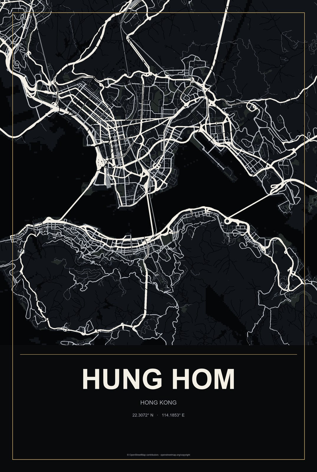 Hung Hom, Hong Kong City Map Aluminum Sign in Metropolitan Noir style