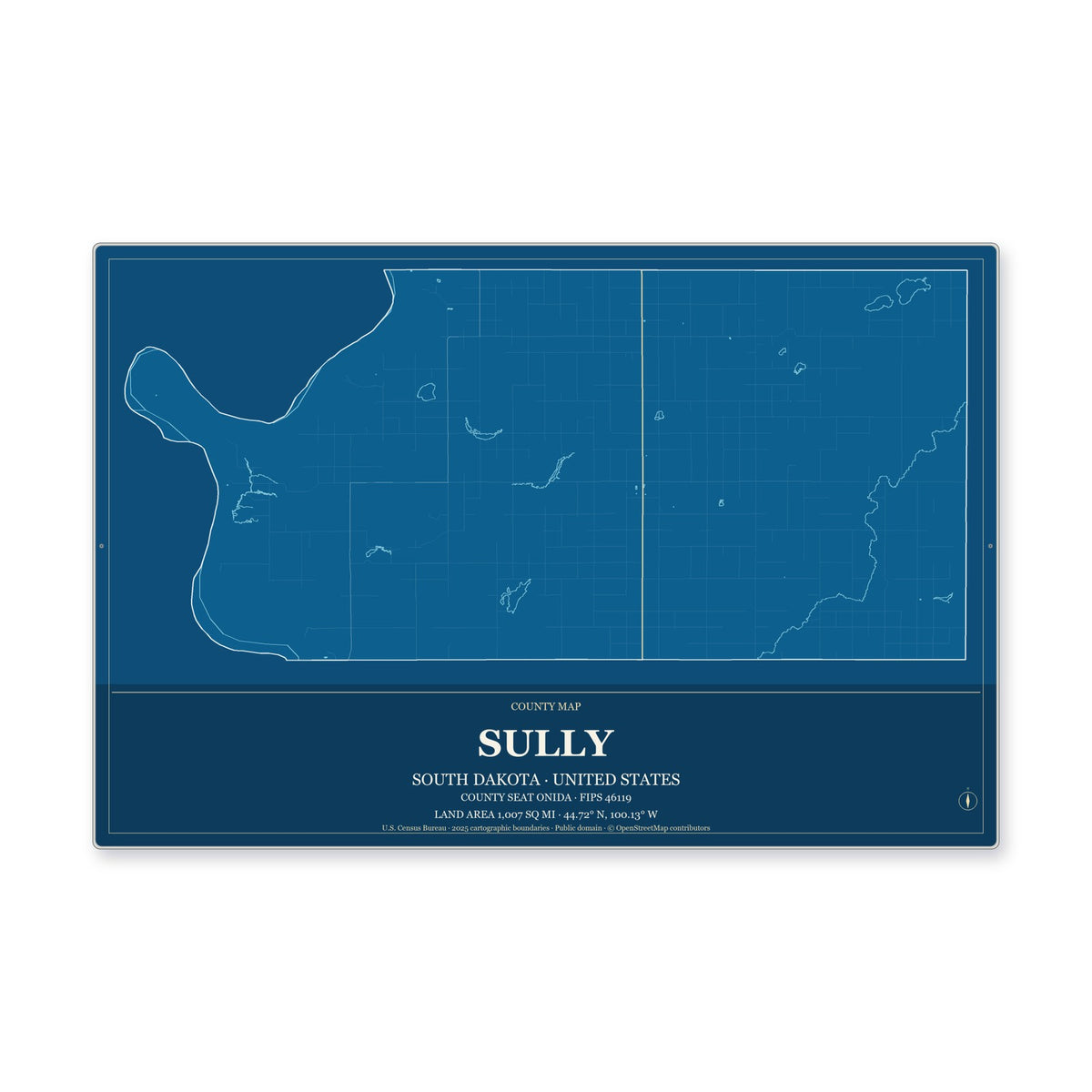Sully County, South Dakota Map Aluminum Sign in Harbor Cobalt style
