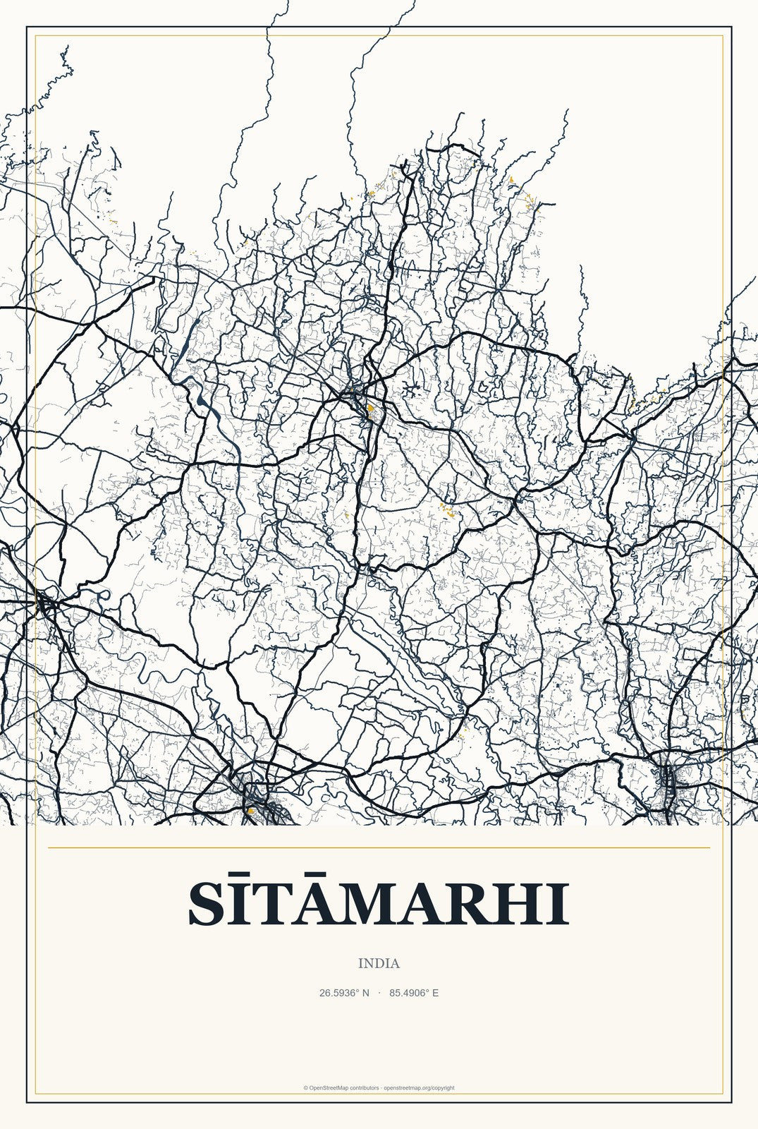 Sītāmarhi, India City Map Aluminum Sign in Citrine Modern style