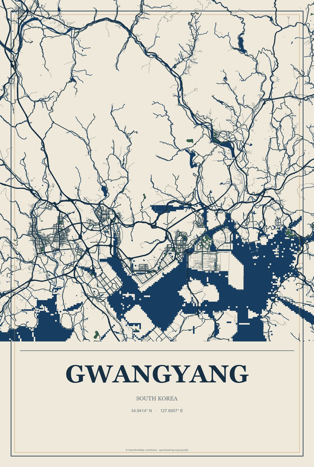 Gwangyang, South Korea City Map Aluminum Sign in Coastal Cutout style