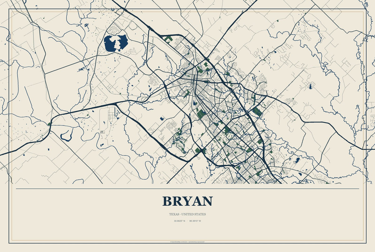 Bryan, Texas City Map Aluminum Sign in Coastal Cutout style