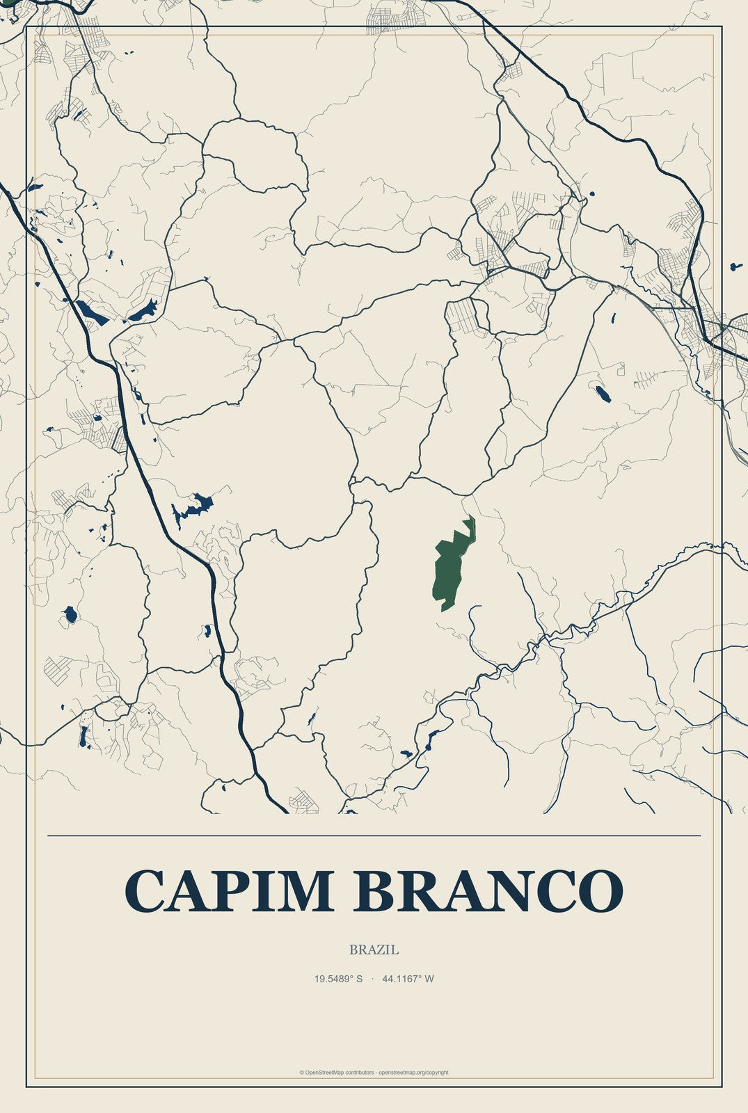 Capim Branco, Brazil City Map Aluminum Sign in Coastal Cutout style