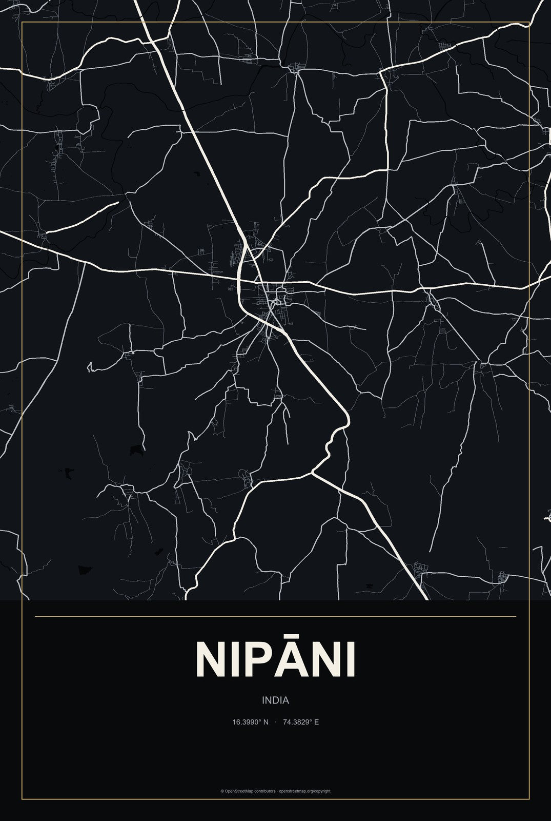 Nipāni, India City Map Aluminum Sign in Metropolitan Noir style