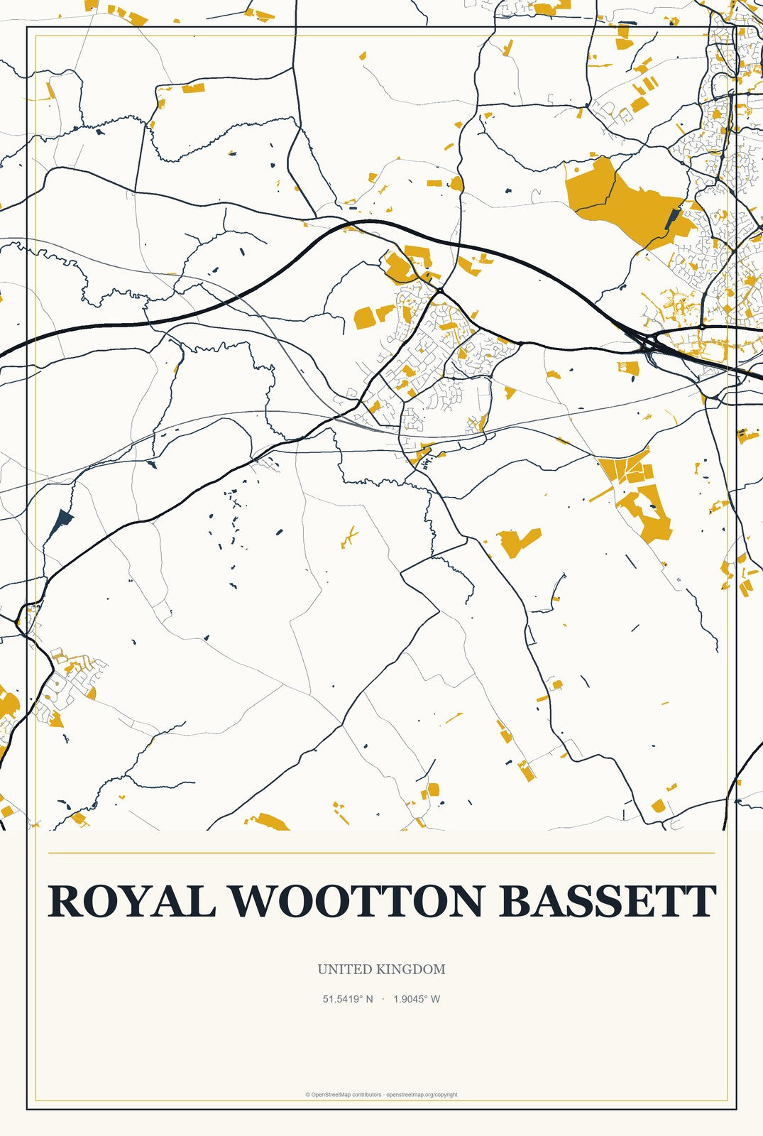 Royal Wootton Bassett, United Kingdom City Map Aluminum Sign in Citrine Modern style