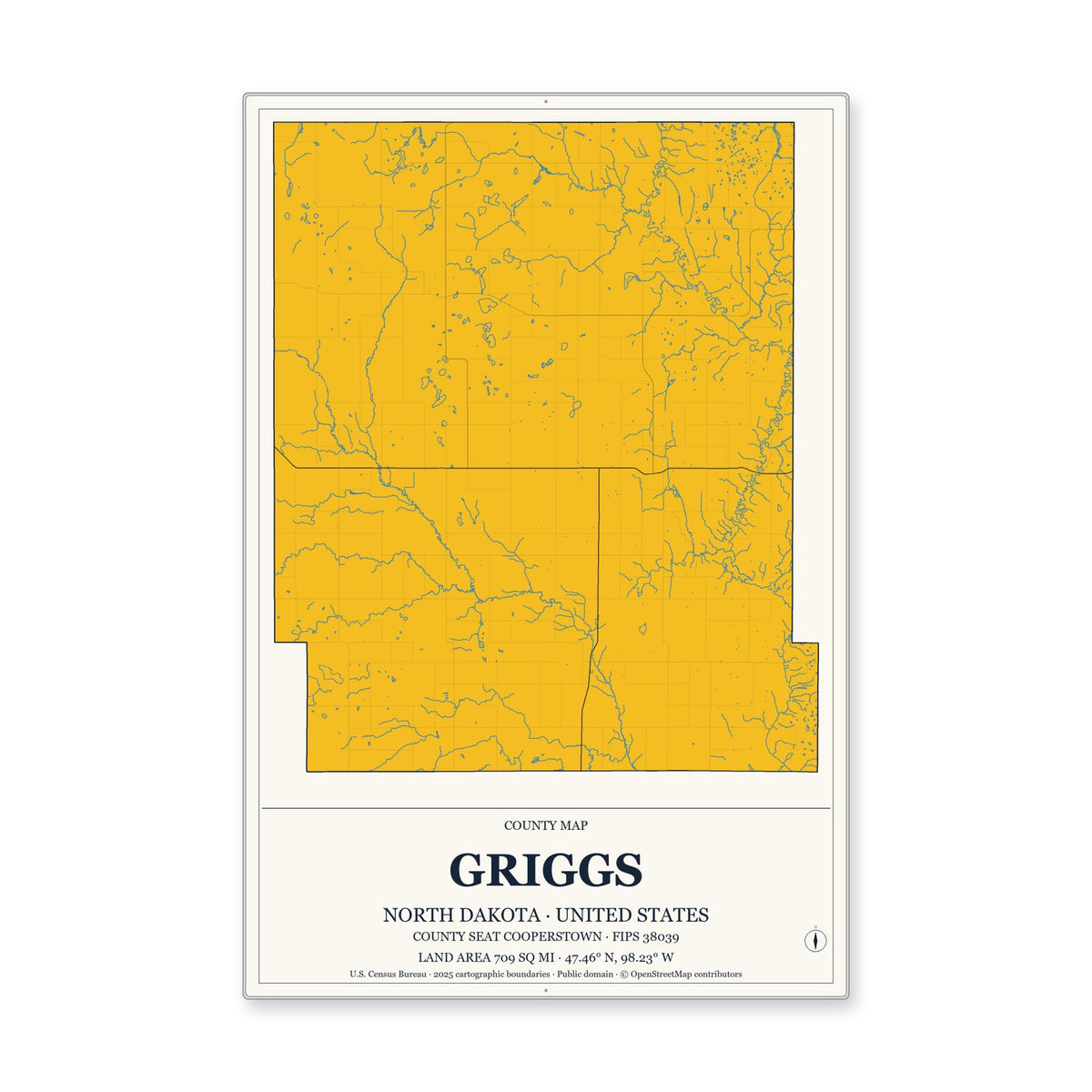 Griggs County, North Dakota Map Aluminum Sign in Citrine Modern style