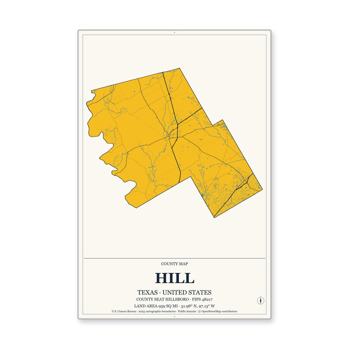 Hill County, Texas Map Aluminum Sign in Citrine Modern style