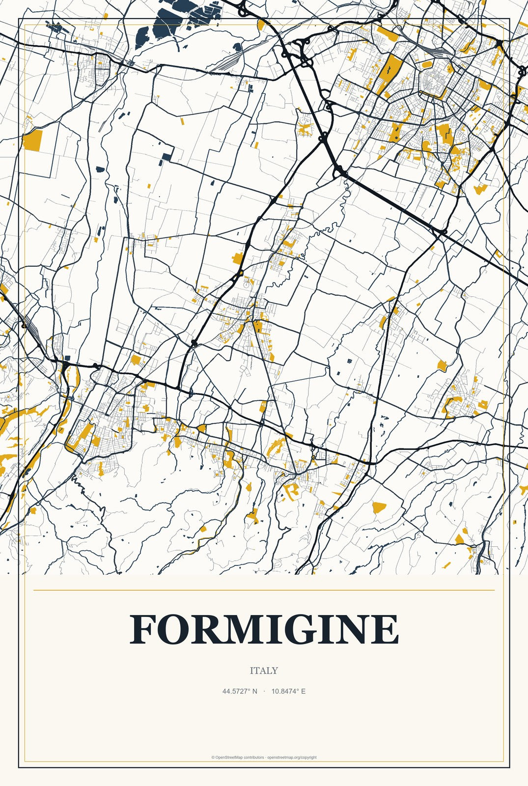 Formigine, Italy City Map Aluminum Sign in Citrine Modern style